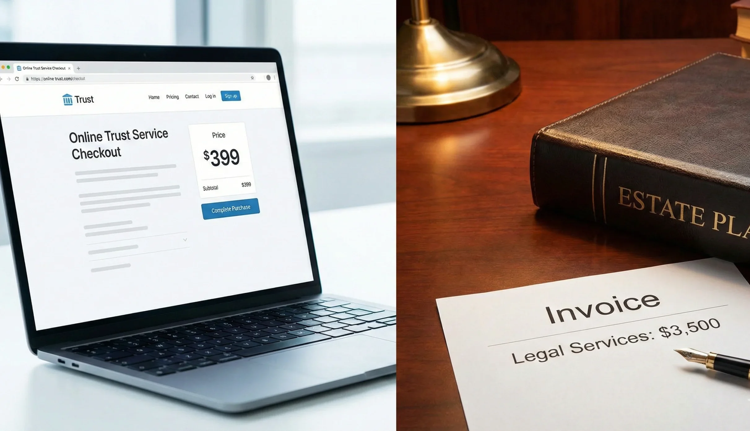 Split screen comparing a $399 online trust checkout vs a $3,500 lawyer invoice