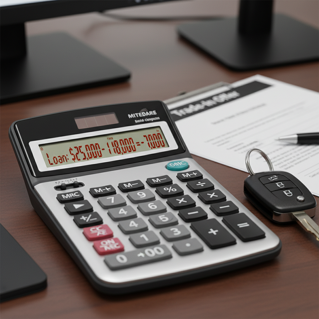 A calculator showing 'Payoff Amount' significantly higher than 'Trade-In Offer', illustrating the negative equity gap.