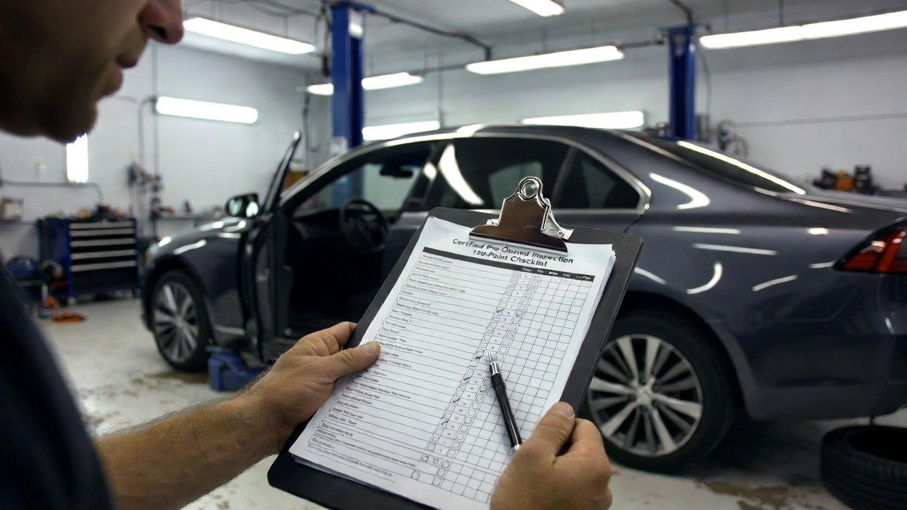 A mechanic performing a certified pre-owned inspection checklist on a luxury sedan.