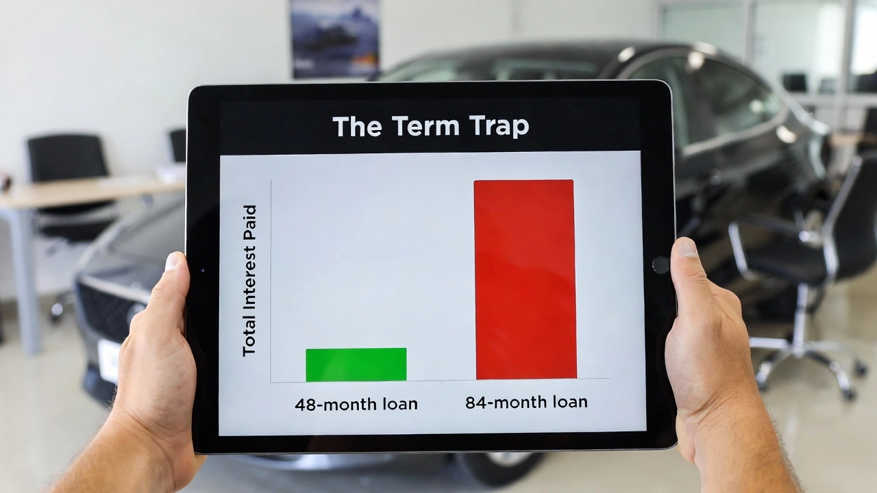 A chart comparison on a tablet showing the exponential rise in interest costs for 72 and 84-month car loans.