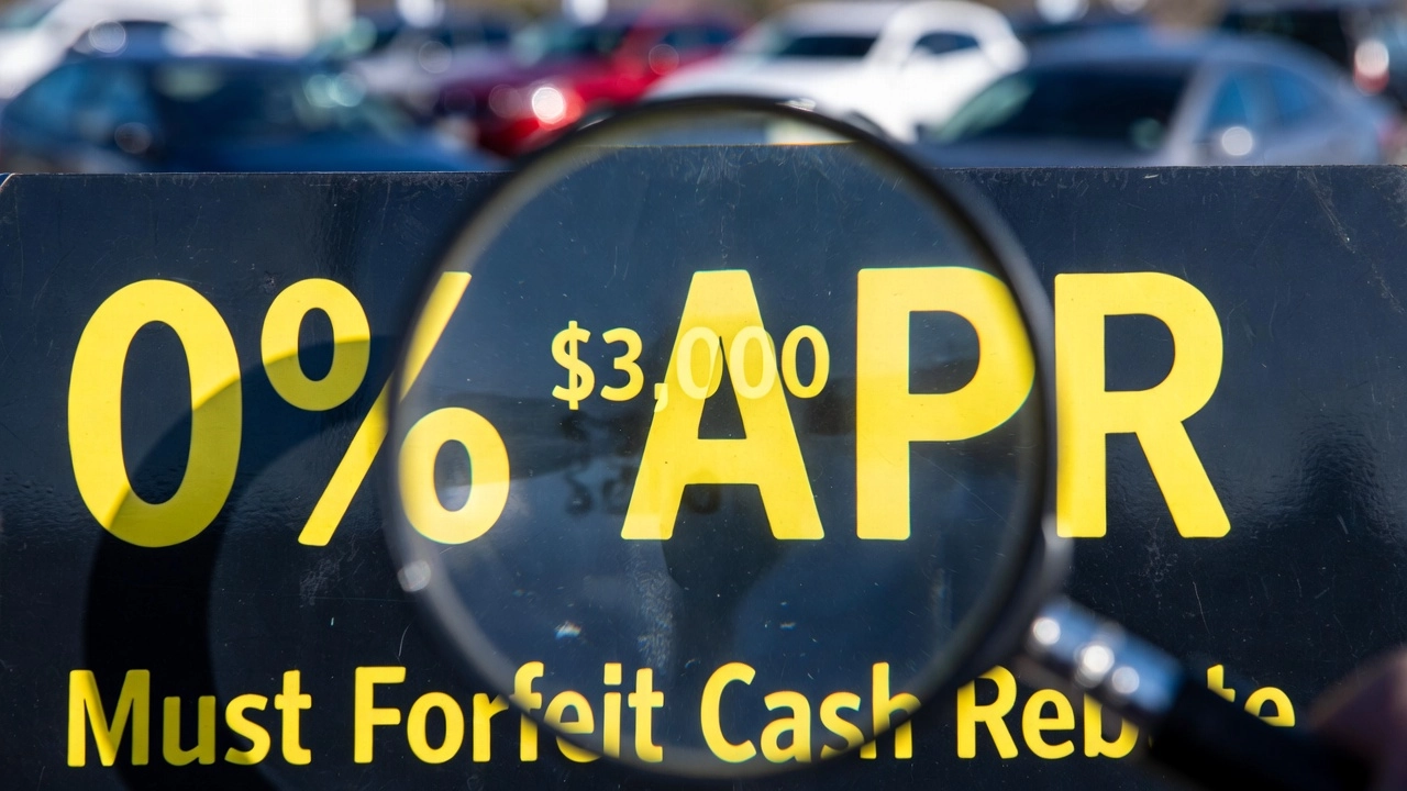 Magnifying glass focusing on the fine print of a 0% APR car advertisement, revealing the forfeiture of cash rebates.