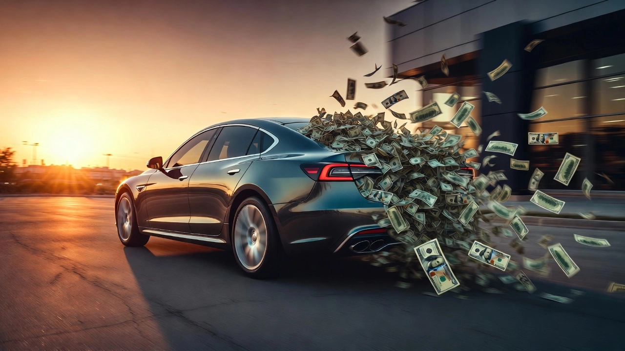 Conceptual illustration showing a new car dissolving into money bills as it drives off the lot, symbolizing immediate depreciation.