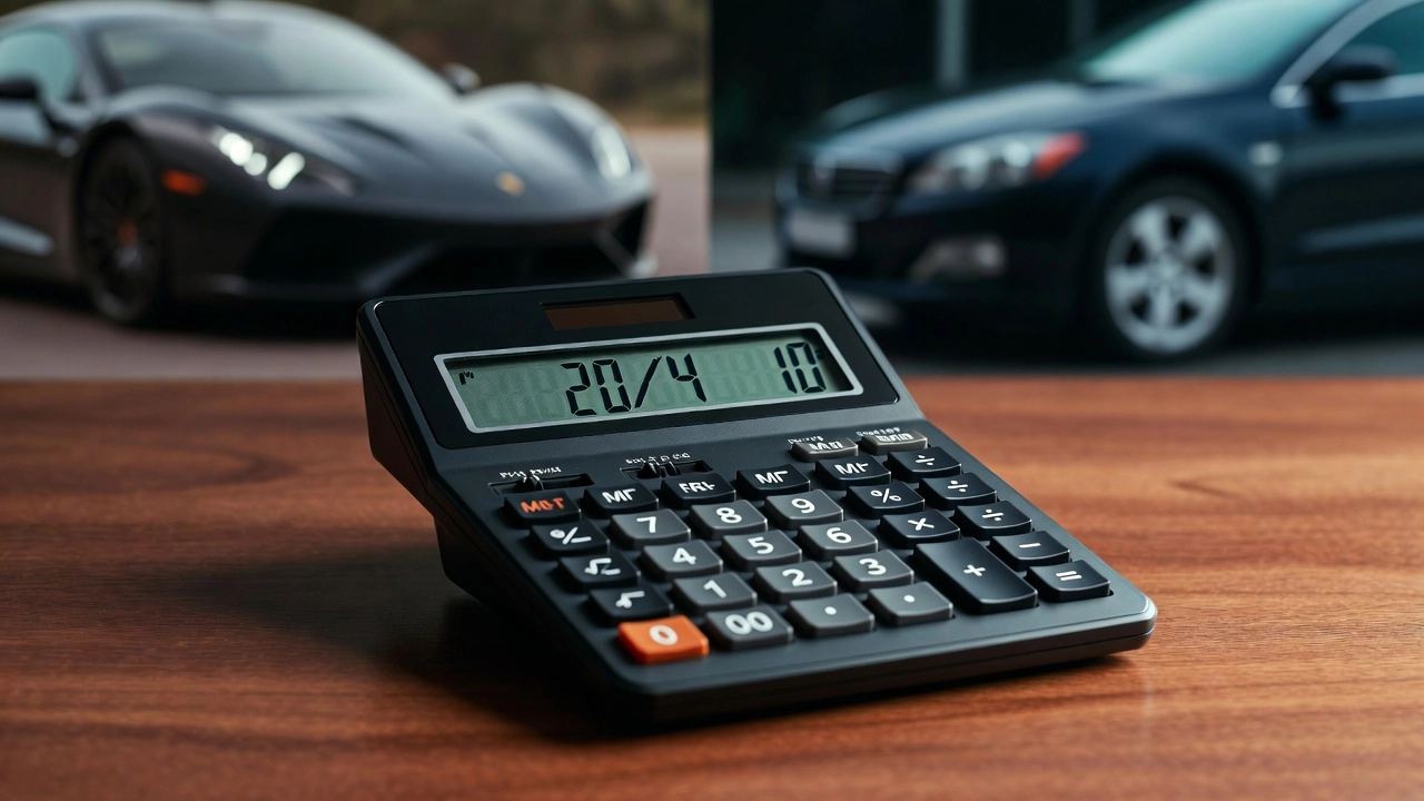 A digital calculator displaying the 20/4/10 rule metrics against a blurred backdrop of luxury and economy cars, symbolizing a budget reality check.