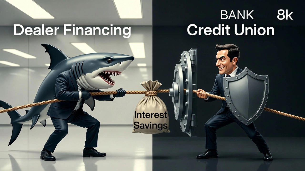 Conceptual illustration representing the financial tug-of-war between dealership financing and credit union pre-approval.
