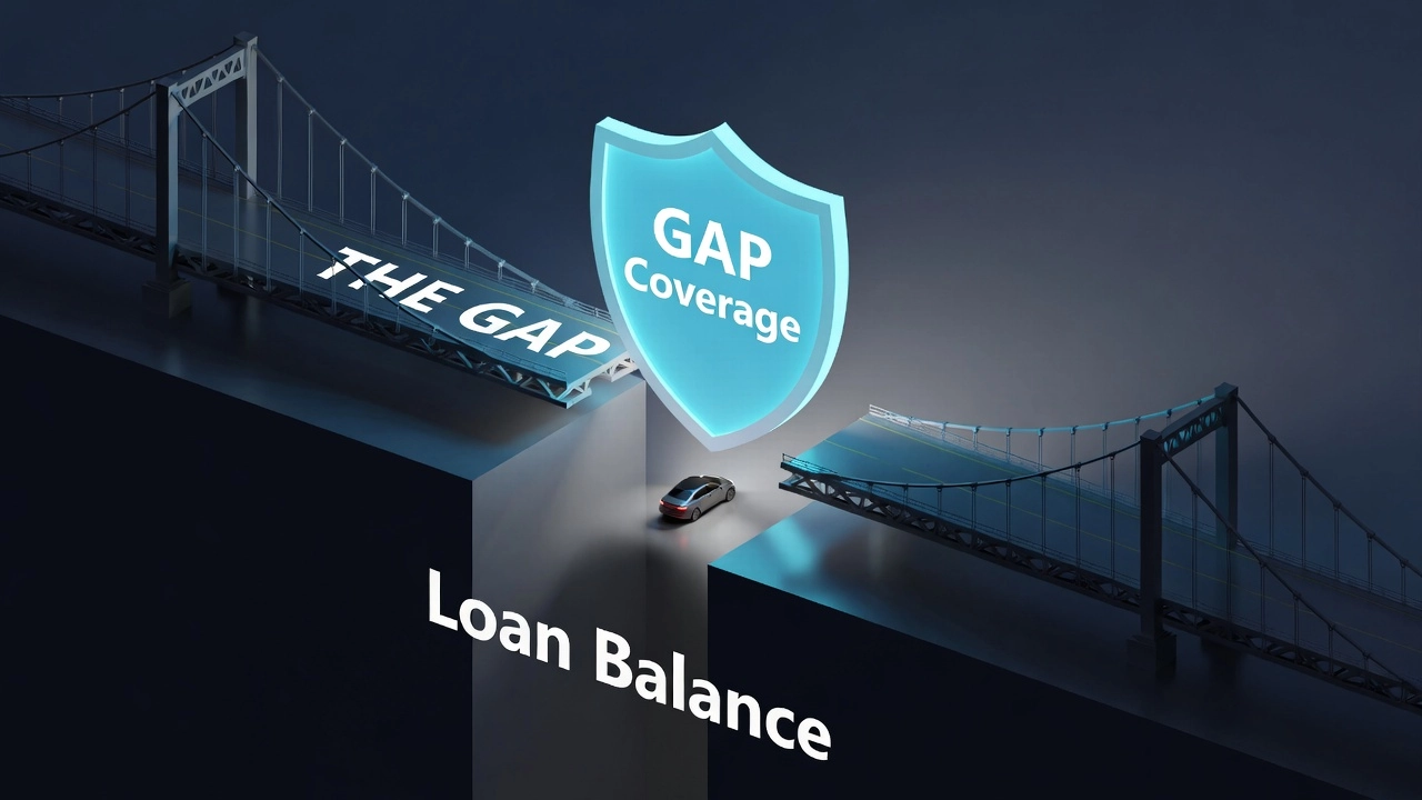 Conceptual illustration of a bridge with a missing middle section labeled 'The Gap', symbolizing the financial risk between loan balance and car value.