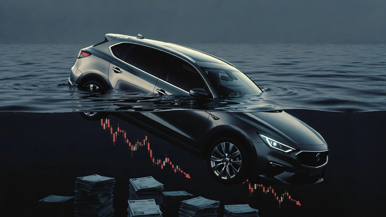 Conceptual illustration of a car partially submerged in dark water with a price tag floating on the surface, representing being 'underwater' on a loan.