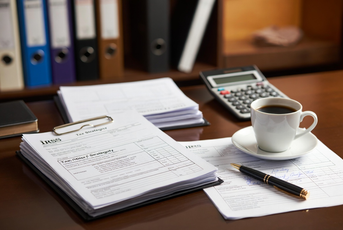A tax strategist reviewing IRS forms, financial ledgers, and calculators on a pristine desk