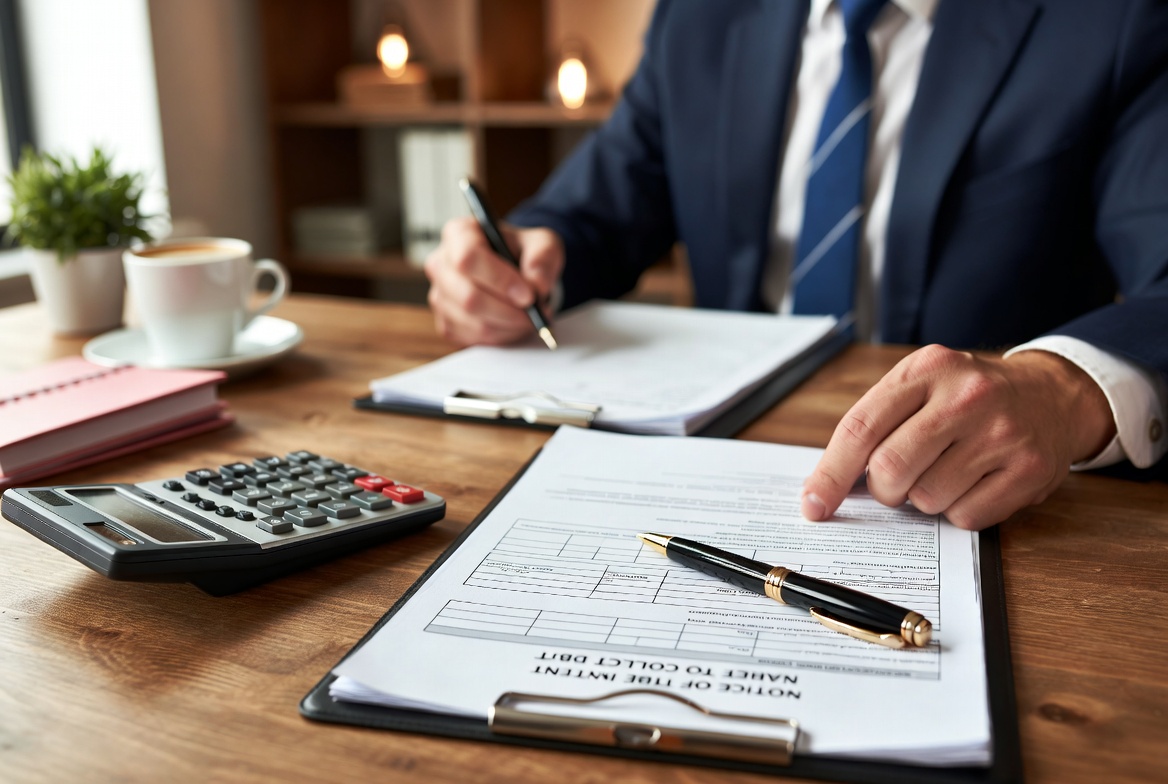 A financial strategist reviewing bankruptcy schedules and debt collection notices on a clean office desk