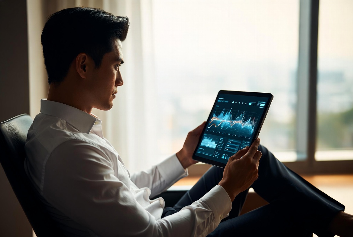 A sharply dressed East Asian man in his early 30s confidently reviewing a digital wealth dashboard on a tablet in a luxury high-rise apartment