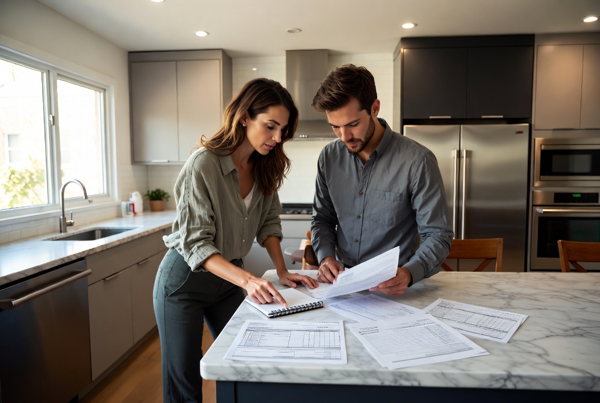 A focused Caucasian couple in their 30s standing at a modern kitchen island, intensely reviewing a stack of daycare invoices and official tax documents