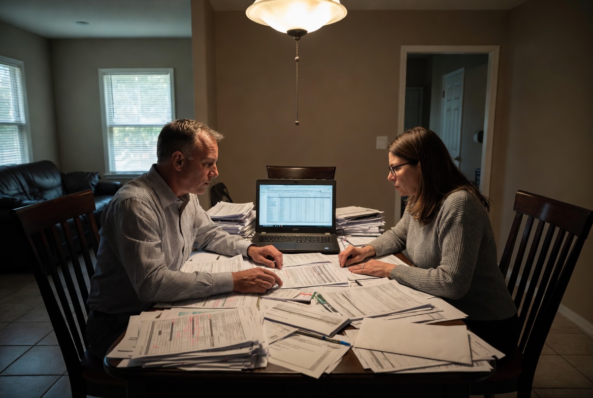 A serious Caucasian couple in their 40s sitting at a cluttered dining room table in a suburban home, intensely organizing financial statements and legal bankruptcy paperwork