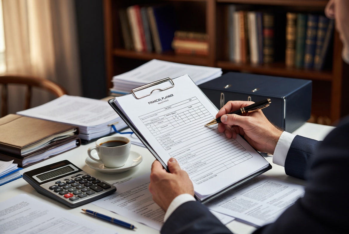 A financial planner reviewing trust documents and tax codes on a modern desk