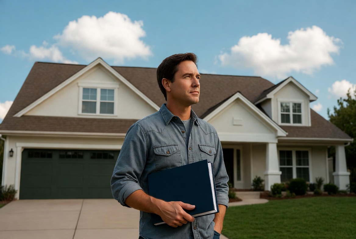 A hyper-realistic shot of a confident Caucasian male in his 40s wearing a casual button-down shirt, standing in the driveway of a neat American suburban home, holding a legal folder