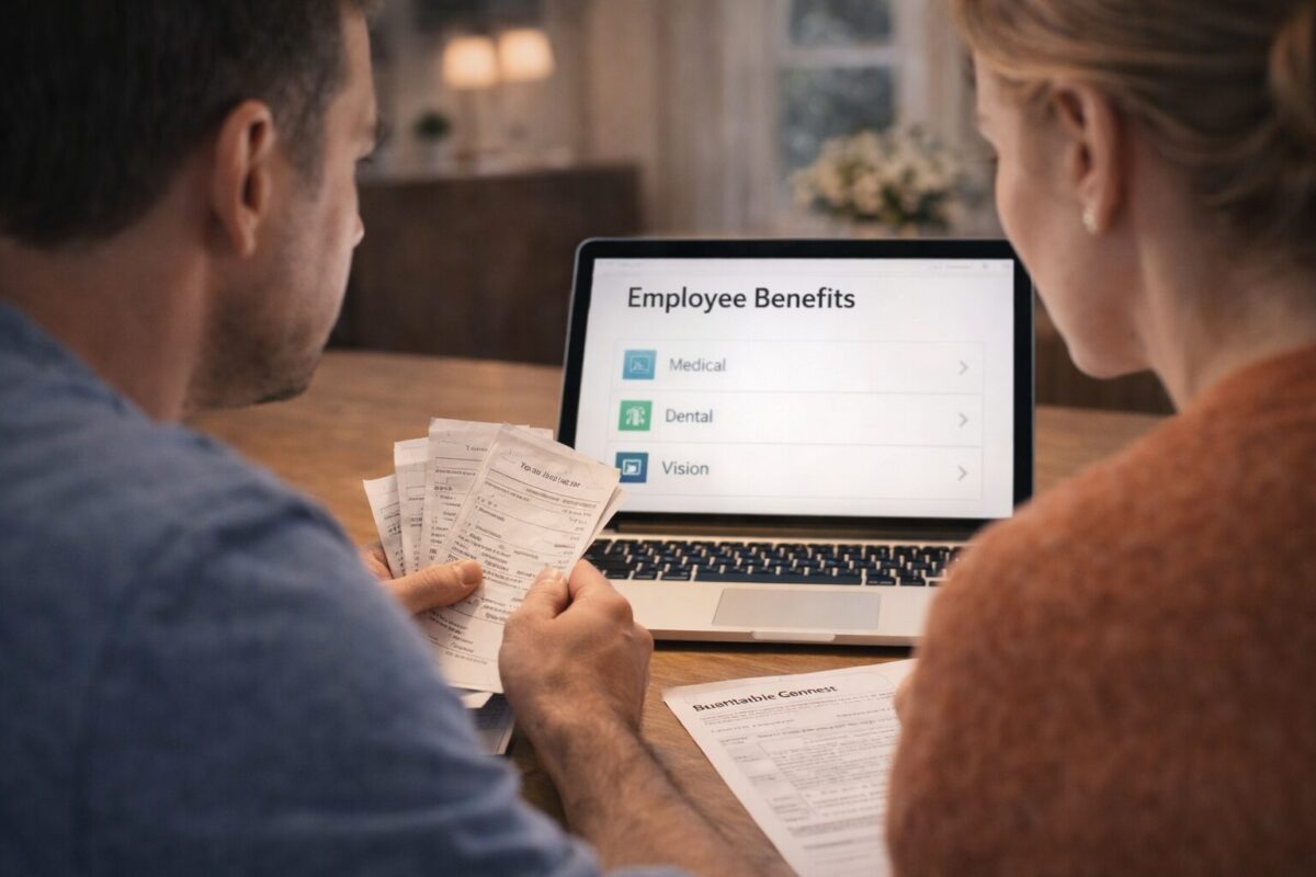 middle couple reviewing health insurance and tax documents