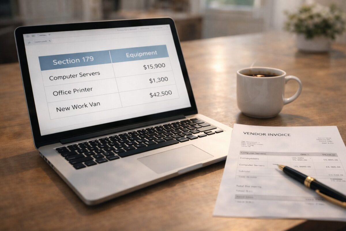 small business owner reviewing equipment invoice and tax spreadsheet