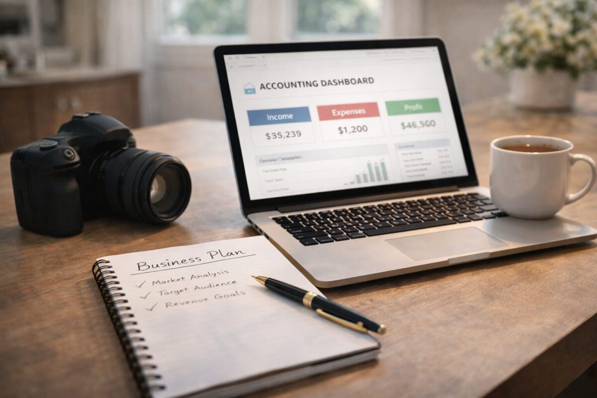 side hustle business planning photography equipment and receipts
