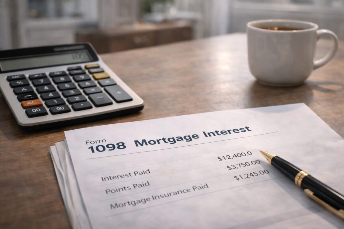 homeowner reviewing mortgage statement and tax documents