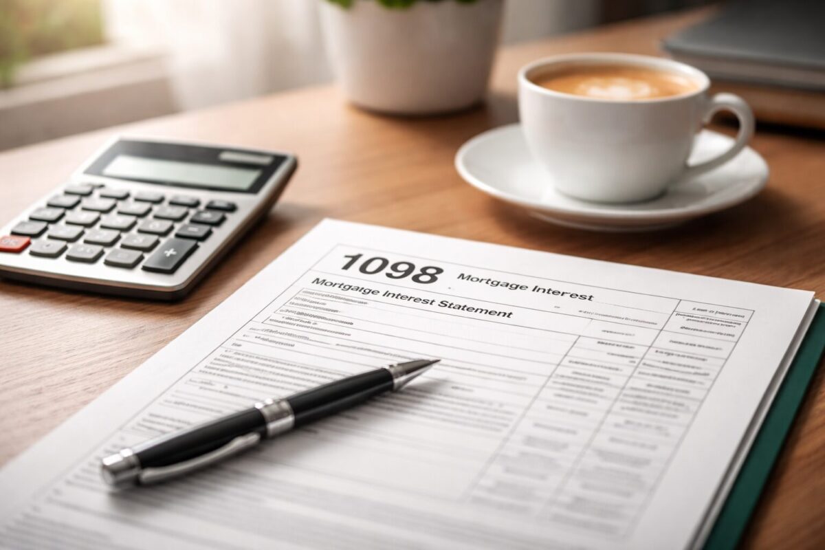 homeowner reviewing Form 1098 mortgage interest statement and calculator