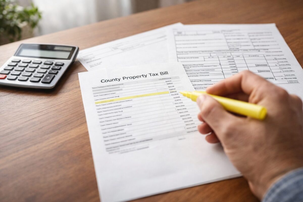 homeowner auditing local property tax bill and state tax documents