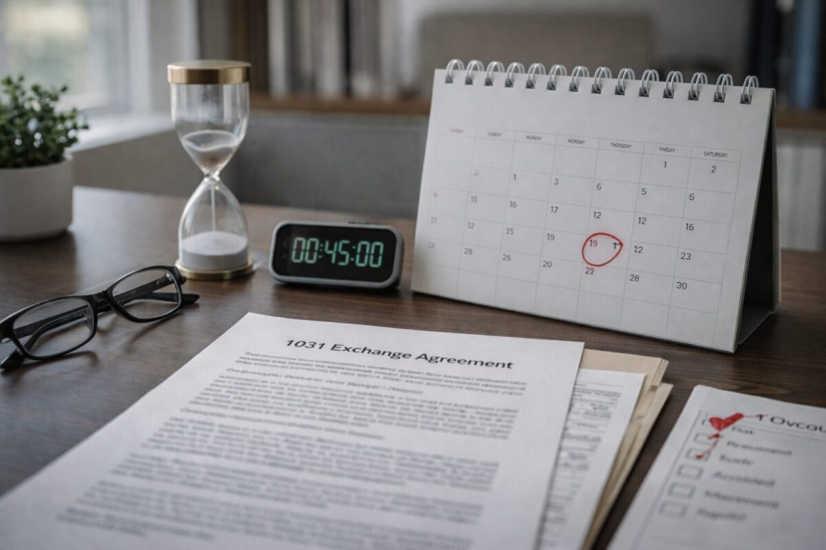 real estate investor reviewing 1031 exchange documents and a desk calendar