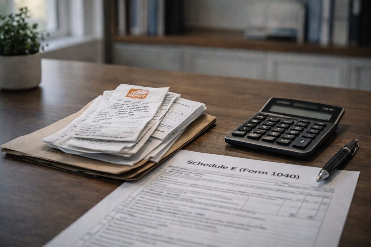 landlord organizing hardware store receipts and Schedule E tax forms