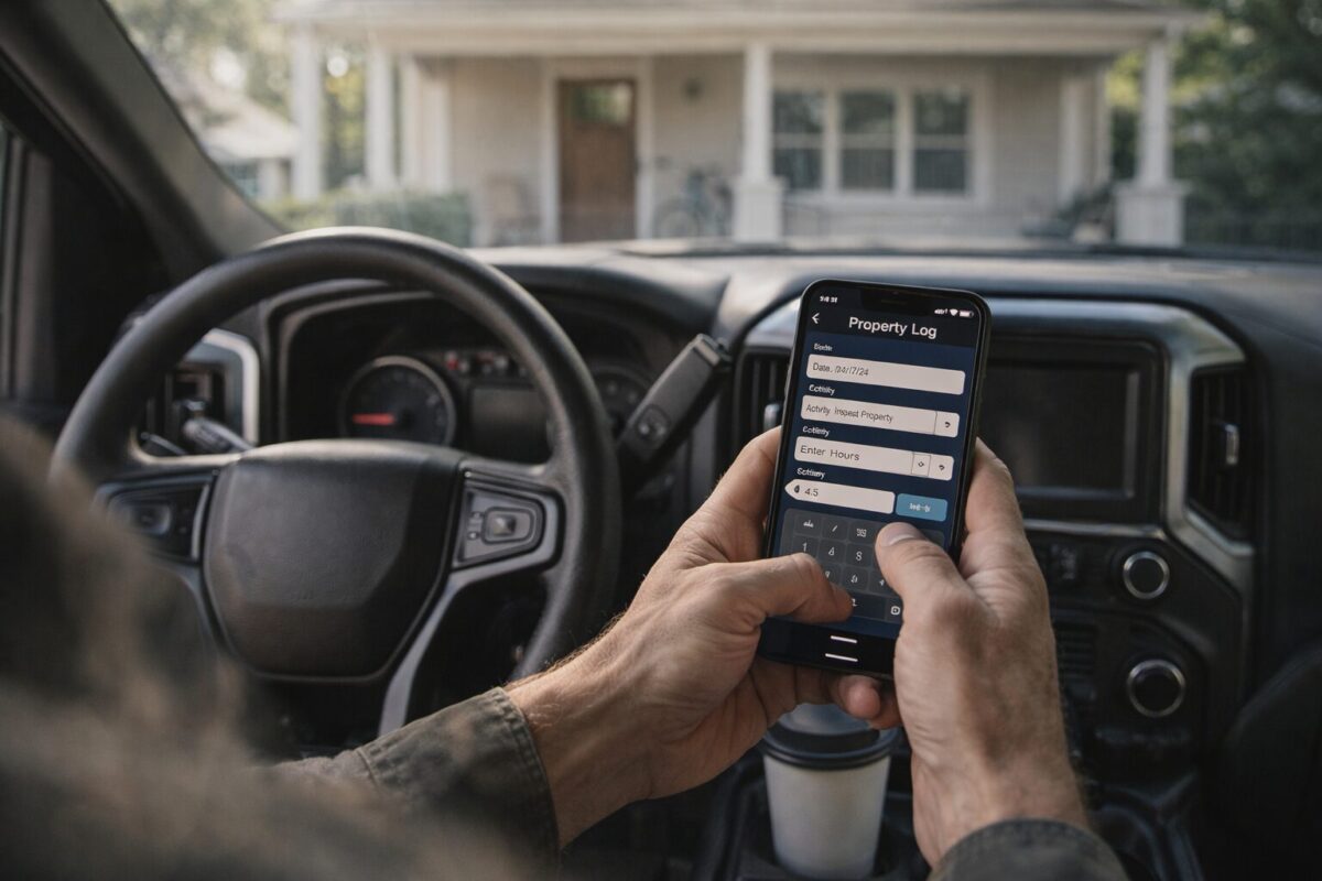 landlord sitting in a work truck tracking property management hours on a mobile app