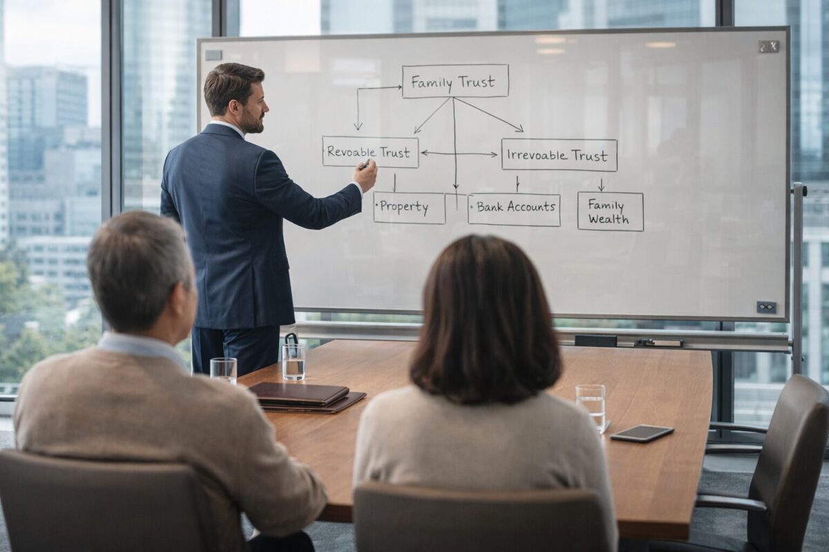wealth manager and clients outlining a trust structure on a glass whiteboard in a modern boardroom