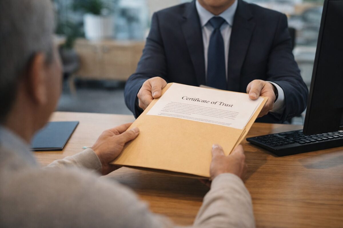 client sitting at a bank branch desk handing a certificate of trust to a banker to retitle an account