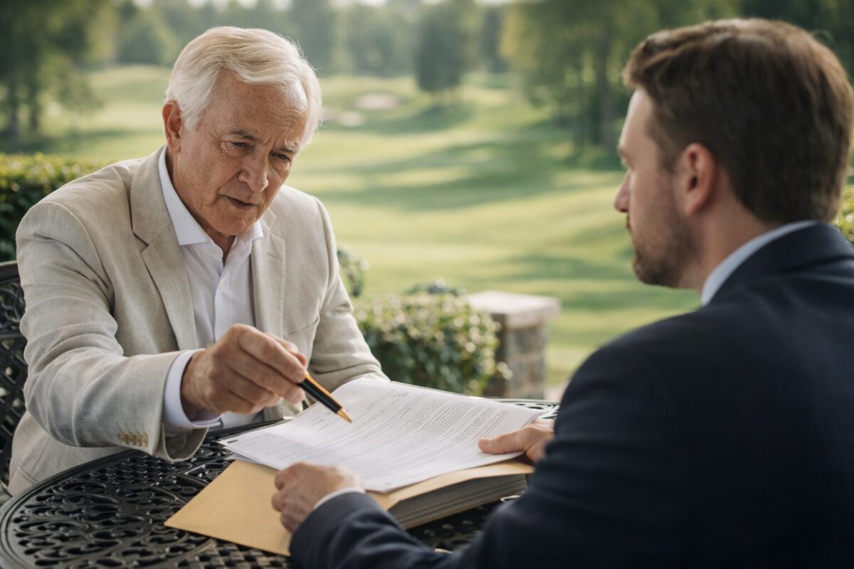 elderly Caucasian male Grantor firmly points at an Irrevocable Trust Agreement while discussing permanence with a serious middle-aged Caucasian male Trustee on a country club patio