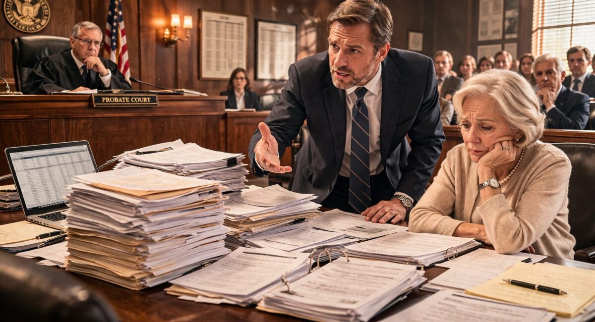 frustrated Caucasian estate attorney standing in a classic American courtroom pointing at a massive stack of public financial records while a stressed family looks on