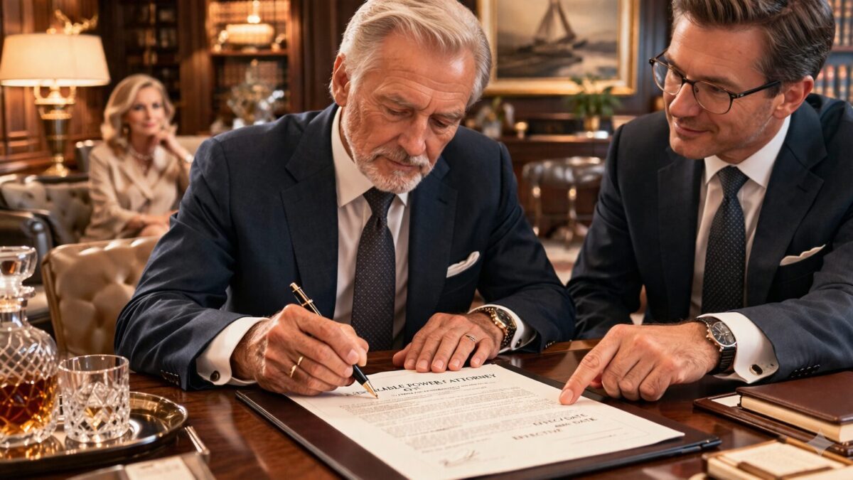 elderly Caucasian patriarch confidently signing a Durable Power of Attorney document alongside a sharply dressed private banker in a luxurious mahogany-paneled banking lounge