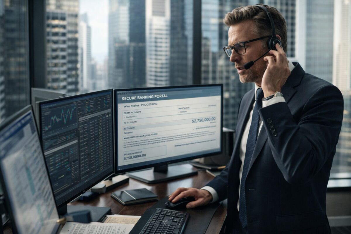 confident middle-aged Caucasian male financial agent in a high-rise office actively coordinating a massive wire transfer on multiple monitors while on a phone call, executing duties under a DPOA