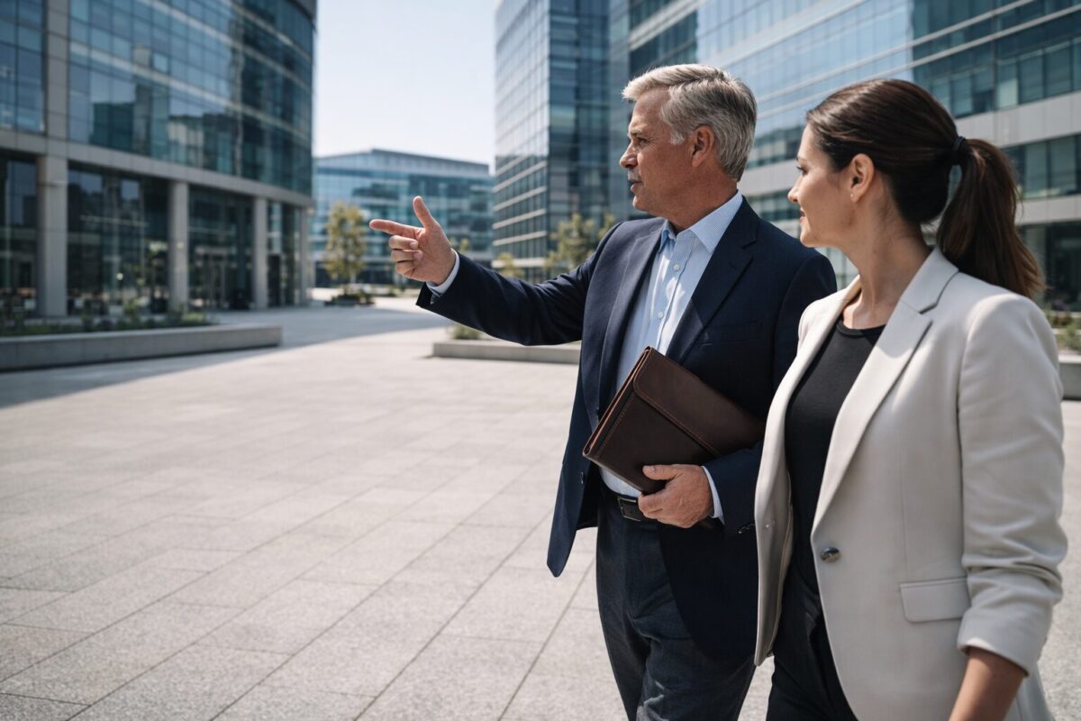 wealthy Caucasian father and adult daughter walking dynamically through a sprawling commercial real estate development they own, discussing transferring ownership stakes to a Dynasty Trust