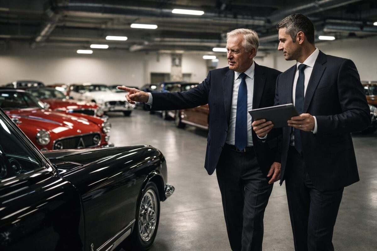 wealthy Caucasian patriarch in his 70s walking dynamically through his massive, climate-controlled private garage filled with classic investment cars, pointing at a vintage vehicle alongside a certified appraiser