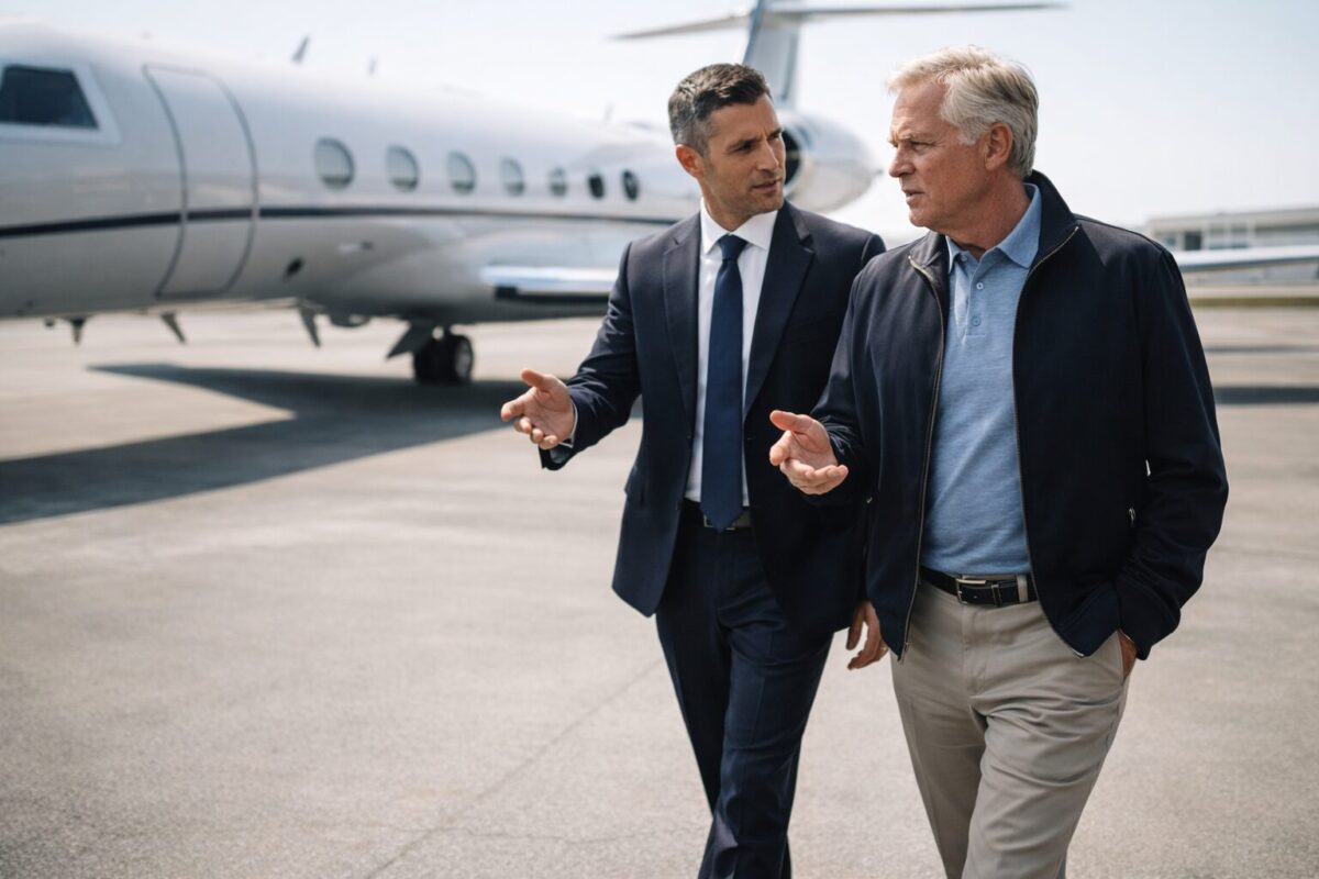 high-end lifestyle shot of a sharp Caucasian wealth manager and a UHNW patriarch walking briskly across a private airport tarmac away from a sleek corporate jet, discussing asset-backed loans