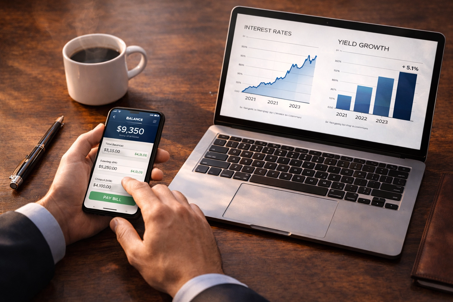 A person reviewing banking apps on a smartphone next to a laptop displaying interest rate charts