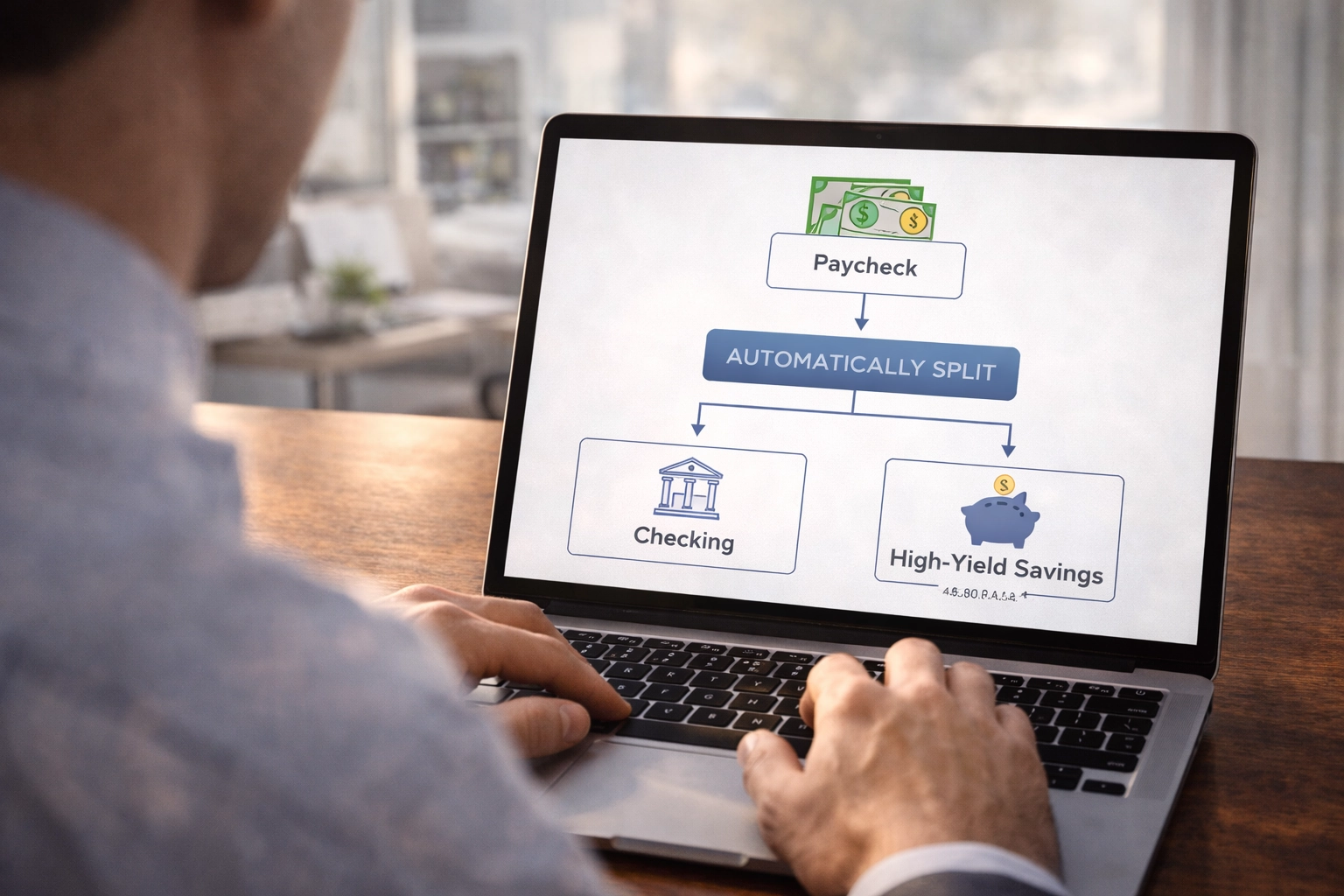 A person setting up automated bank transfers on a laptop with a financial flowchart visible