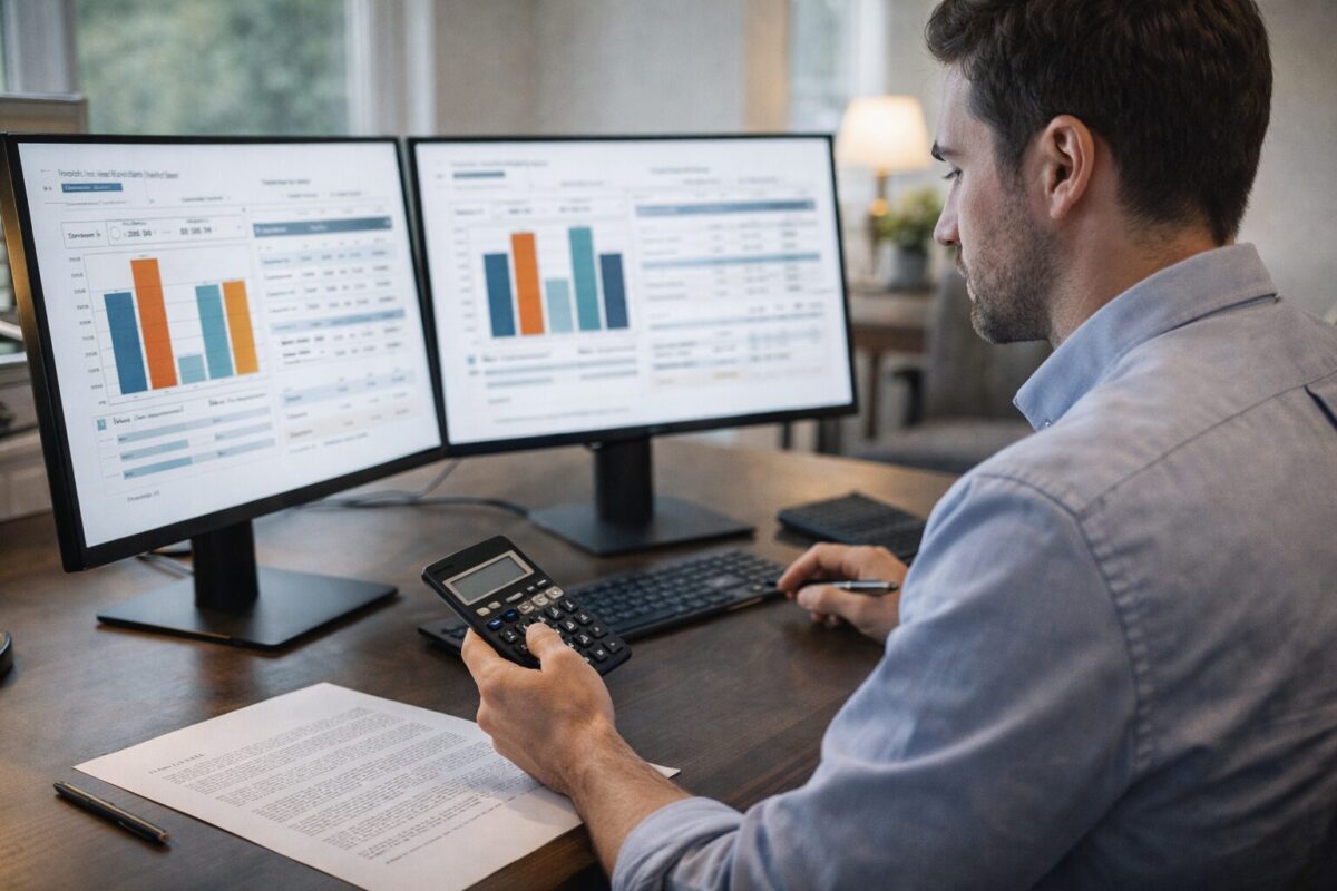 A focused Caucasian male professional in his 30s sitting in a modern home office, intensely comparing complex healthcare plan charts on a dual-monitor setup, evaluating deductible thresholds