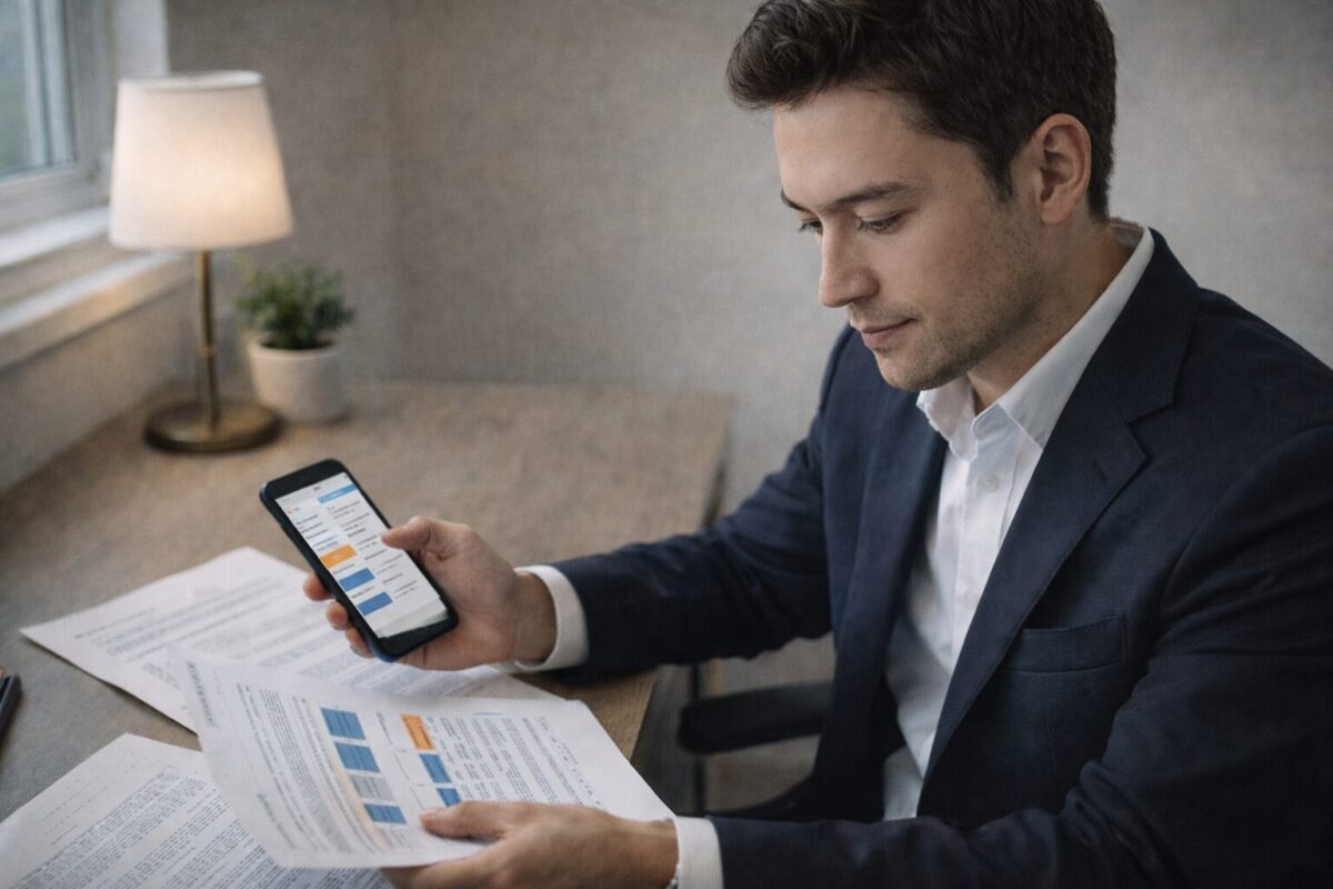 A sharply dressed East Asian man in his early 30s reviewing tax strategy documents at a minimalist home desk