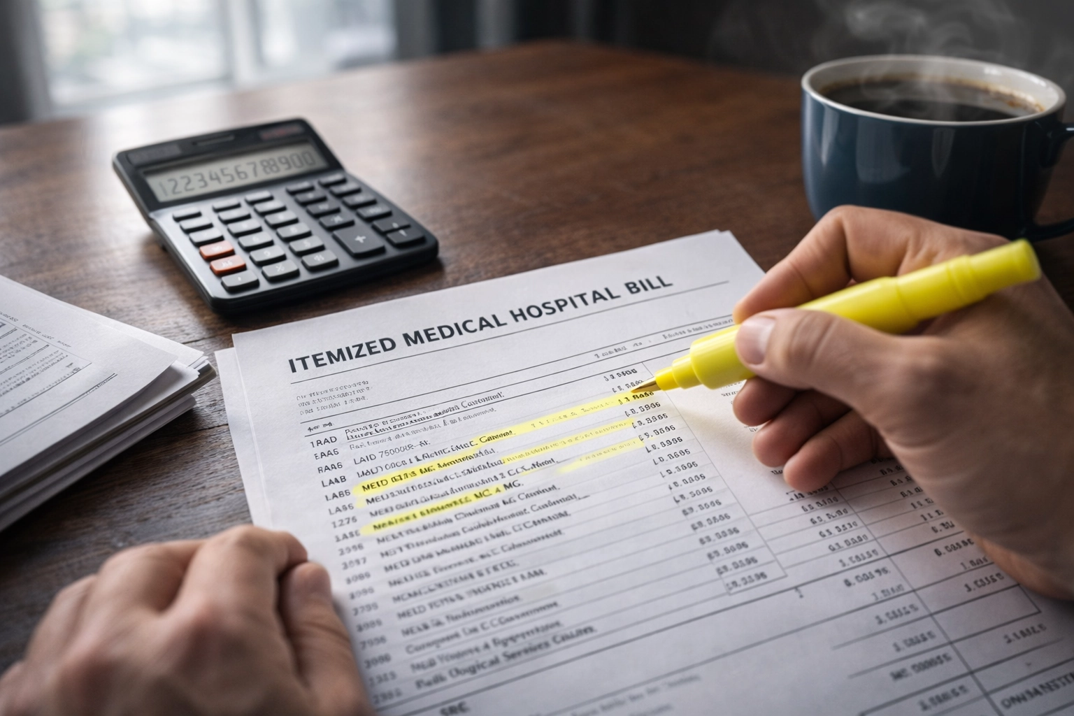A person using a highlighter and calculator to audit a complex, itemized hospital bill spread across a desk