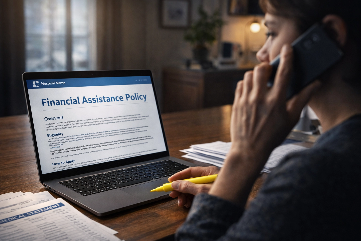 A person on the phone negotiating a bill while looking at a medical statement and the hospital's financial assistance policy on a laptop