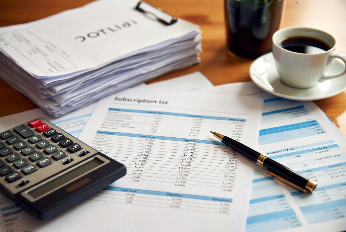 A financial auditor reviewing subscription logs and budget spreadsheets on a clean desk