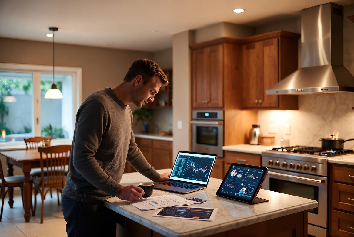 A focused Caucasian male professional in his 30s standing at a modern kitchen island, reviewing tuition cost projections on a laptop and a tablet while holding a coffee