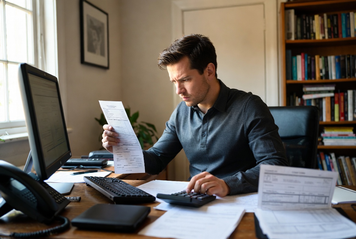 A stressed Caucasian male professional in his 30s sitting at a home office desk, holding a pay stub in one hand and a legal court order in the other, calculating deductions on a calculator