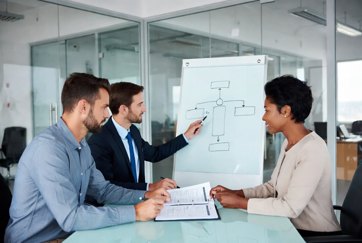A consumer and financial coach mapping out a budget optimization sequence on a clean glass whiteboard