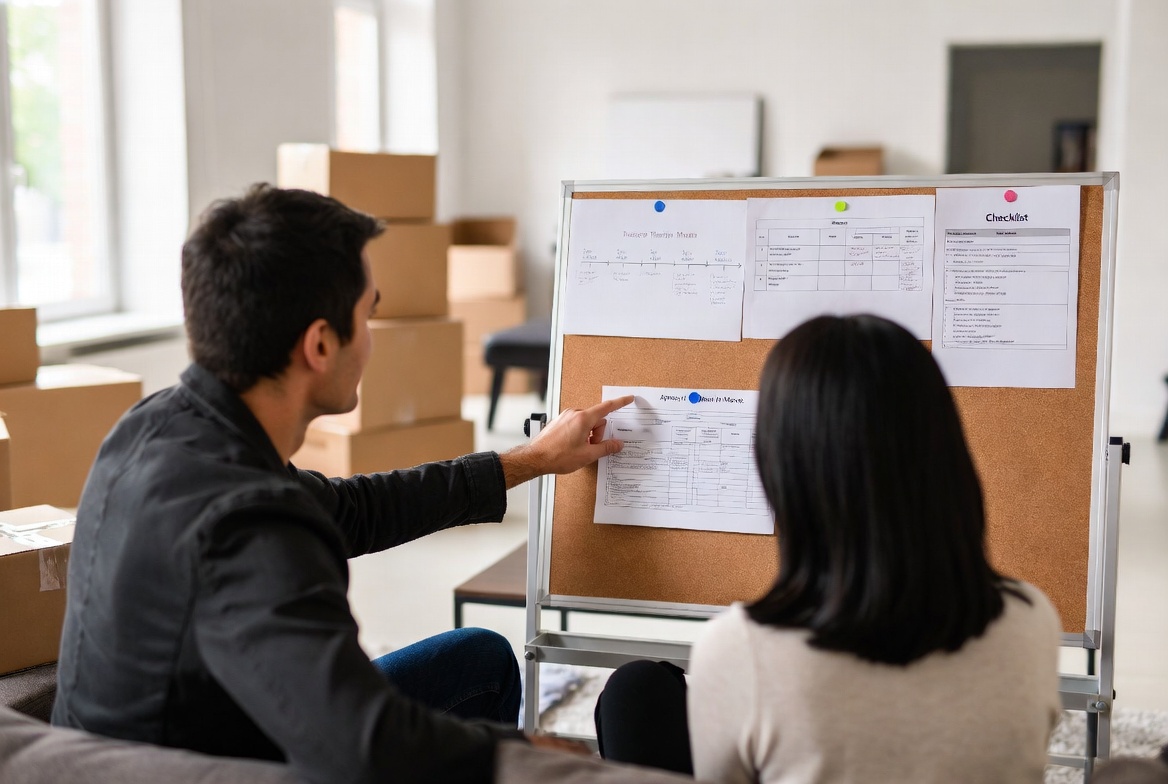 A detailed relocation timeline and apartment checklist pinned to a home office board