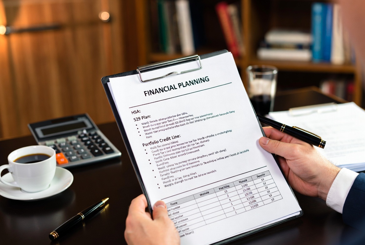 A financial planner reviewing HSA, 529 plans, and portfolio credit line documents on a modern desk