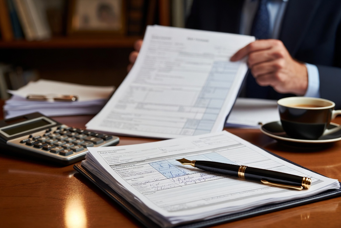 A tax strategist reviewing IRS forms, financial ledgers, and calculators on a pristine desk