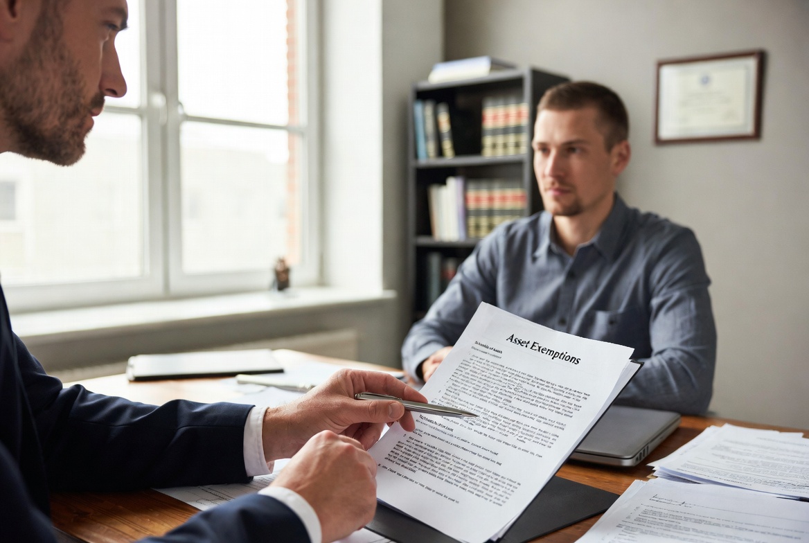 A sharp Caucasian attorney in a clean, professional office pointing a pen at a legal document titled 'Asset Exemptions', actively explaining the asset defense strategy to a focused male client