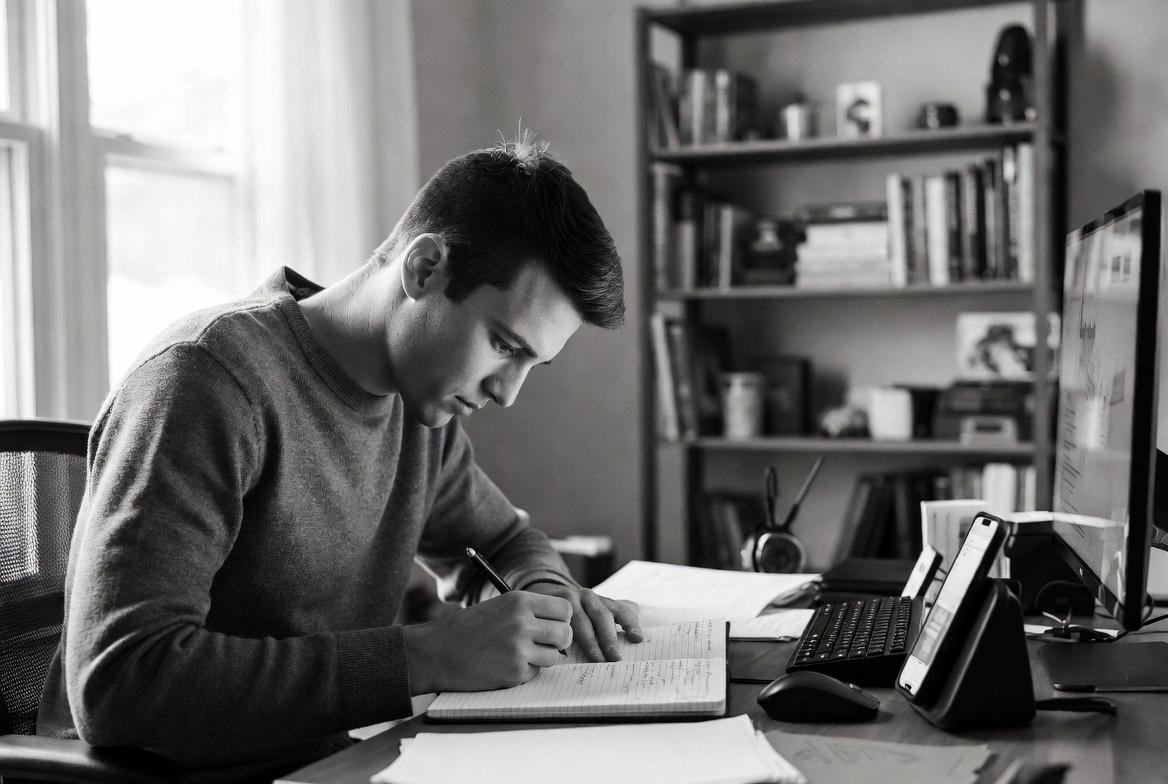 A focused Caucasian male in his 30s sitting at a home office desk, looking determined while taking detailed notes in a logbook with a smartphone on speakerphone next to him